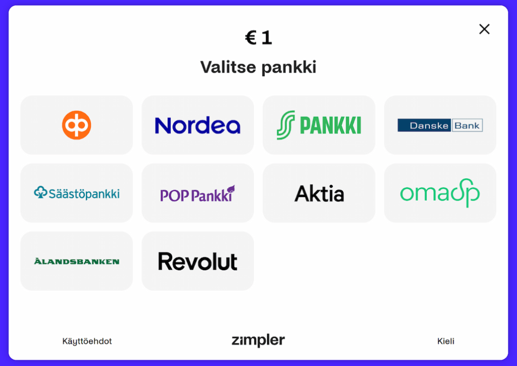 1e talletus onnistuu esimerkiksi Zimplerillä.