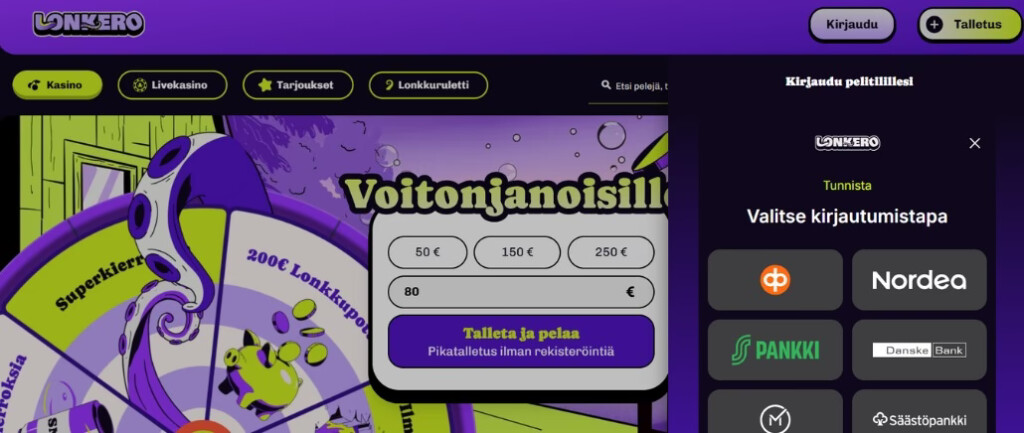 Lonkero Casinolle kirjaudutaan talletusnappulan vierestä.