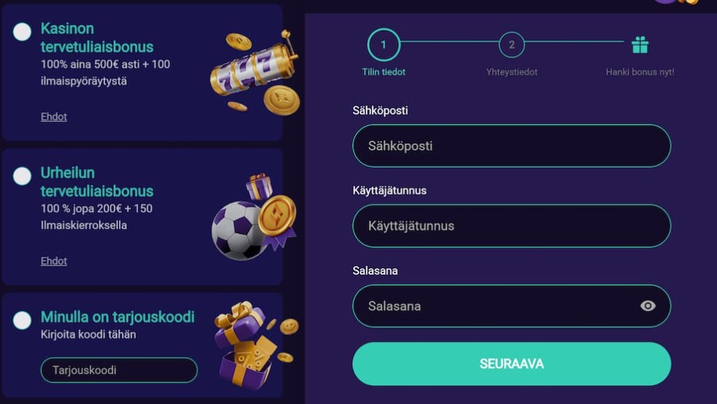 Rekisteröitymiskaavake Rapid Transfer casinolla.