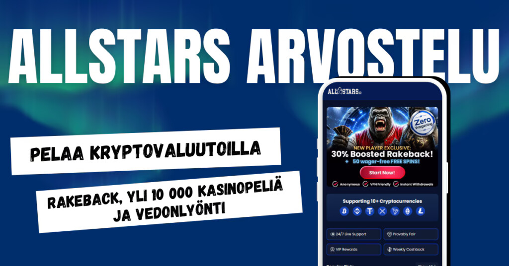 AllStars Casinolla pelaat kryptovaluutoilla ja nautit valtavasta pelivalikoimasta.