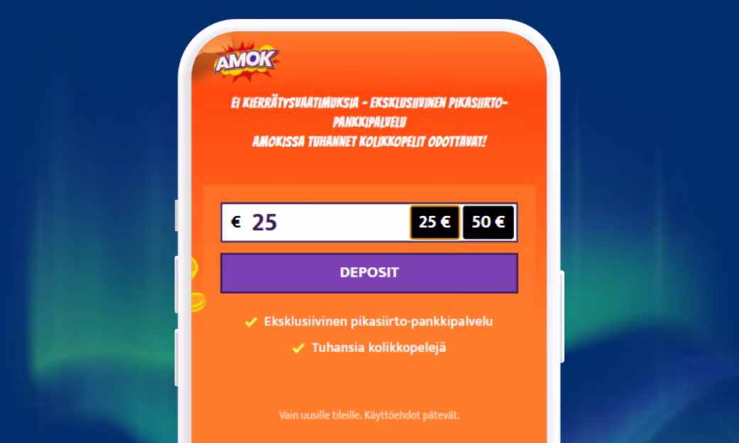 Amok Casinolle talletukset Zimplerillä ja verkkopankkitunnuksin.