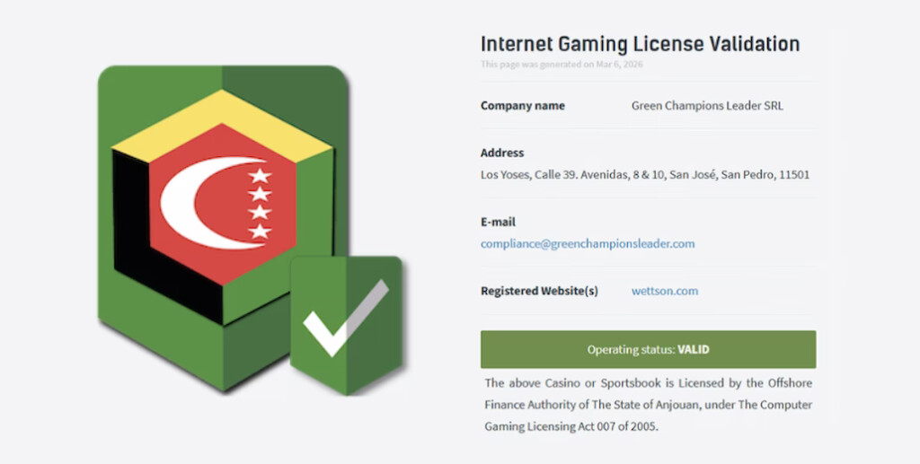 Anjouan Internet Gaming License Validation.