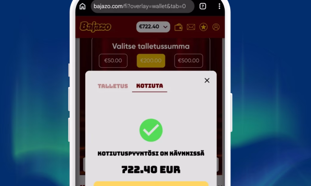 Onnistuimme voittamaan Bajazo casinolta mukavan summan ja kotiutus tuli minuutissa.