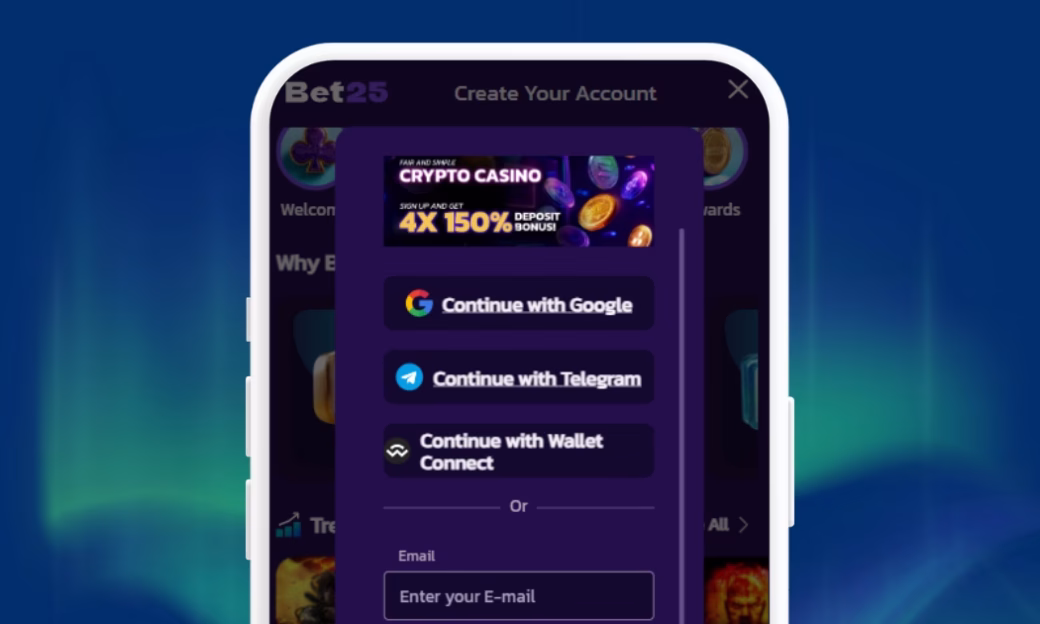 Rekisteröi pelitili Bet25 Casinolle ja talleta kryptoilla.