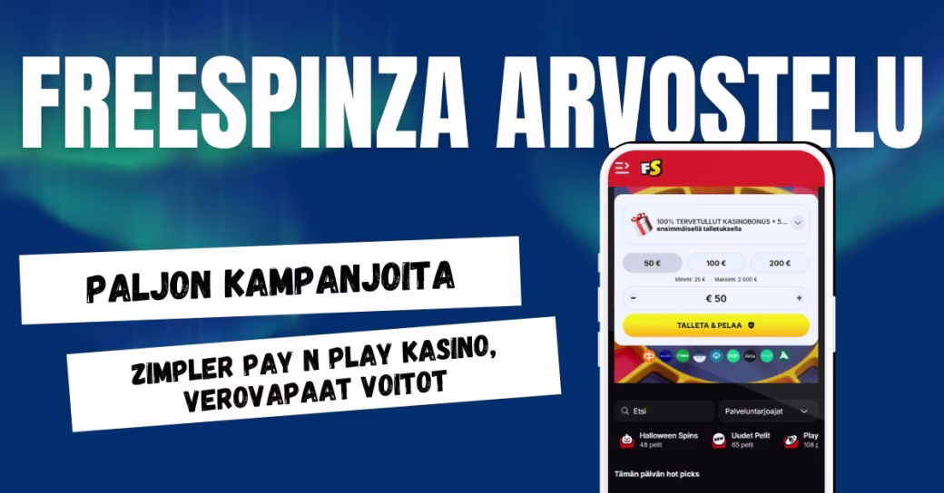 FreeSpinza Casinolta paljon kampanjoita, Zimpler pay n play -maksut ja verovapaat voitot.