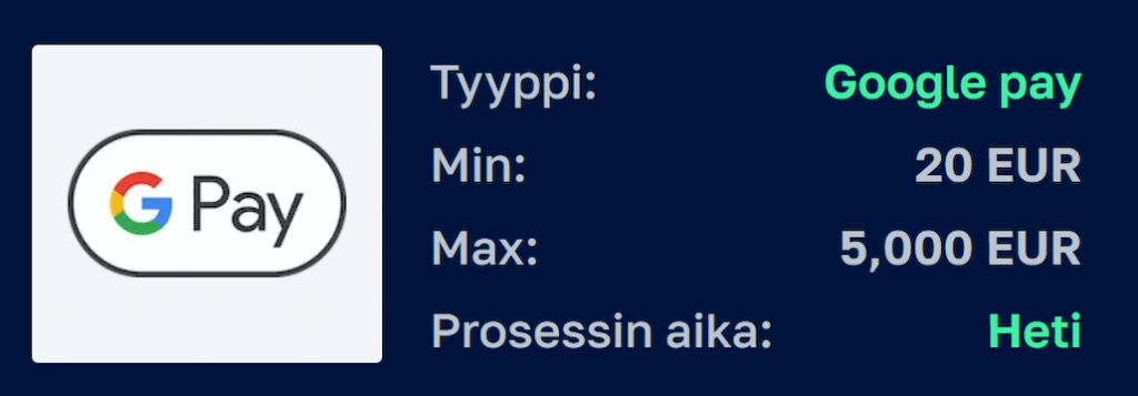 Google Pay nettikasinon maksut-sivulla.