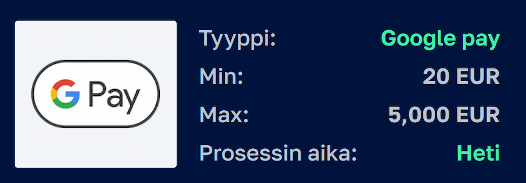 Google Pay nettikasinon maksut-sivulla.
