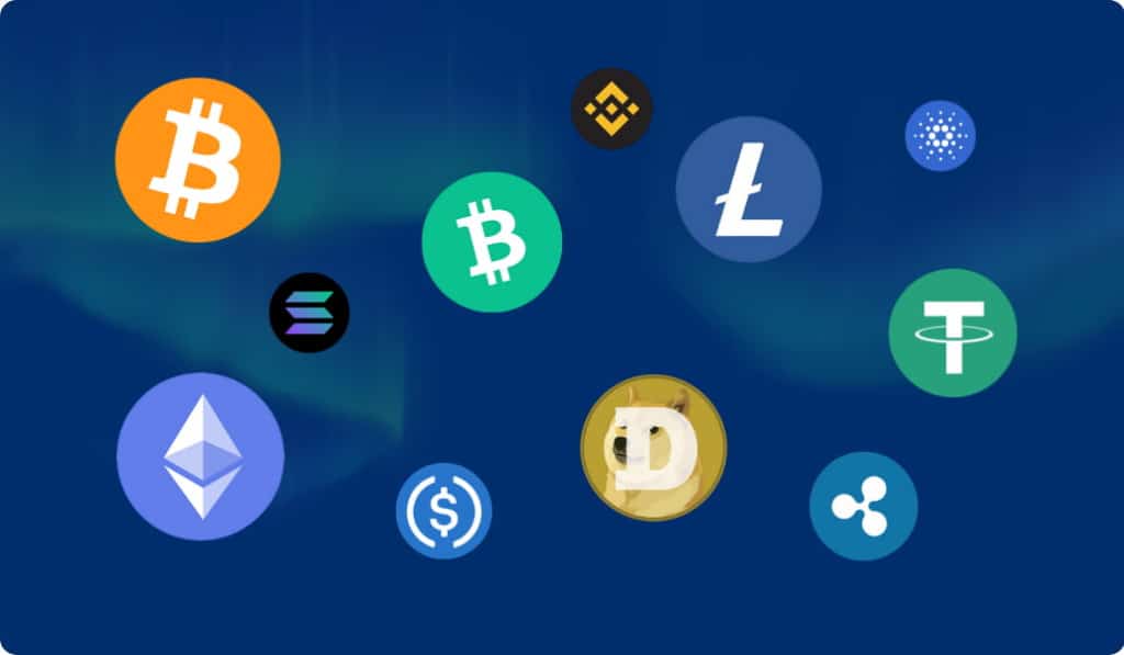 Kryptovaluuttojen logoja.