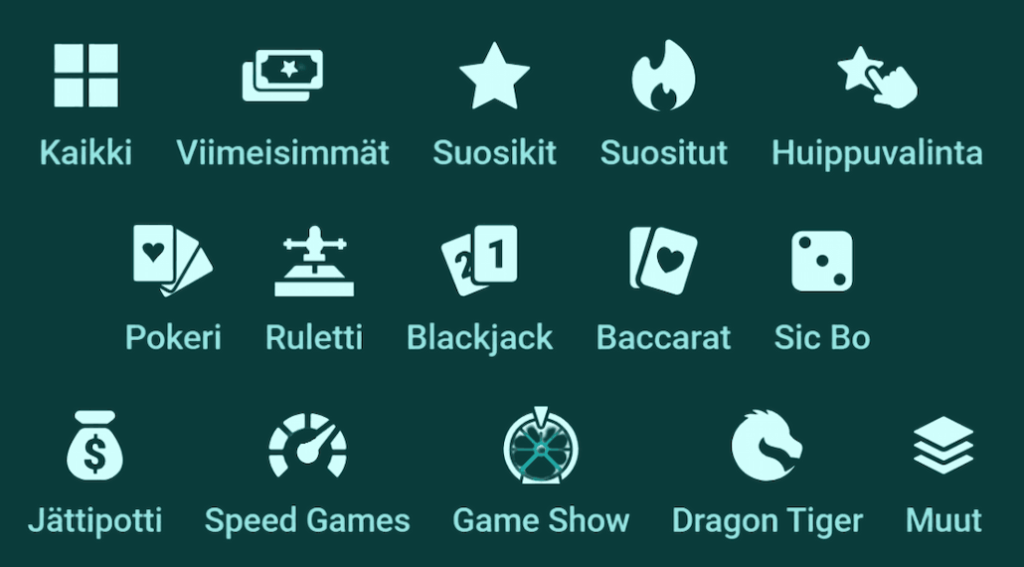 Eri live casino pelit eroteltuna nettikasinon valikossa.