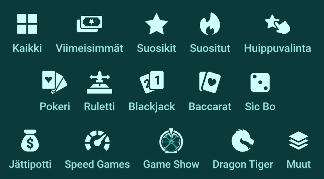 Eri live casino pelit eroteltuna nettikasinon valikossa.