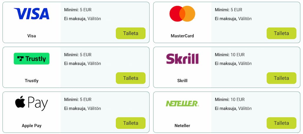 Maksutapojen valikoimaa 5€ talletus kasinolla, kaikki maksutavat eivät hyväksy 5 euron minimitalletusta.