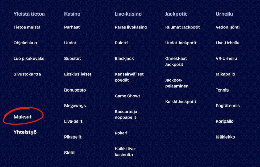 Kasinon menusta voi löytyä linkki maksutapojen sivulle.