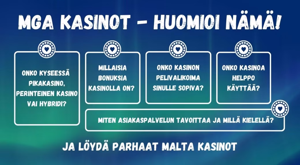 Kun valitset Malta kasinoa muista tarkistaa nämä seikat: kasinotyyppi, bonukset, pelivalikoima, käytettävyys ja asiakaspalvelu