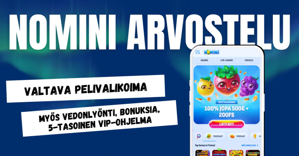 Nomini tarjoaa ison pelivalikoiman sekä vedonlyönnin, paljon bonuksia ja VIP-ohjelman.