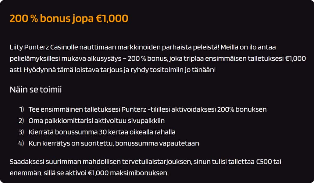 Non sticky käteisbonus ehdot Punterz Kasinolla.