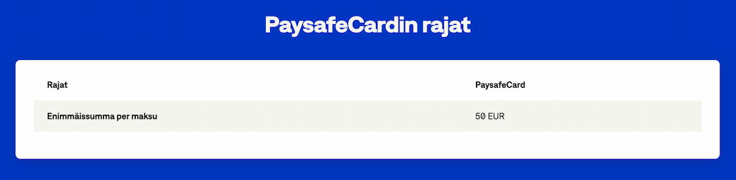 Paysafecard enimmäismaksu on 50 €.
