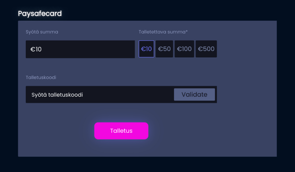 Tallettaminen Paysafecardin koodilla.