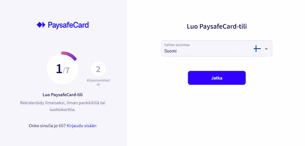 Paysafecard-tilin luominen rekisteröitymällä.