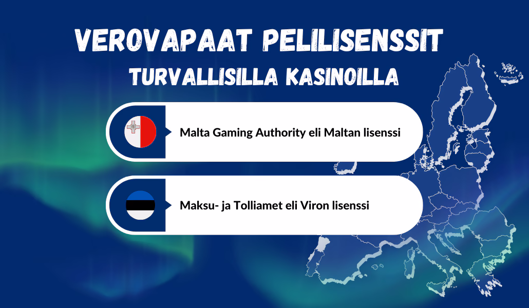 Verovapaat pelilisenssit turvallisilla nettikasinolla ovat peräisin Maltan ja Viron peliviranomaisilta.