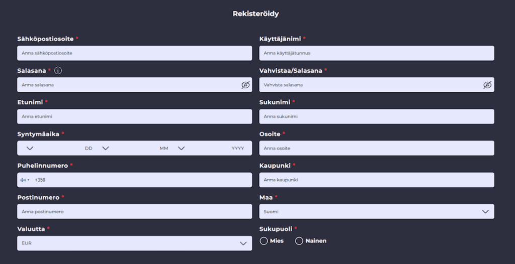 Esimerkki rekisteröitymislomakkeesta.