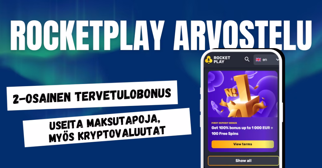 Rocket Play Casinolta kaksiosainen tervetuliaisbonus ja useita maksutapoja.