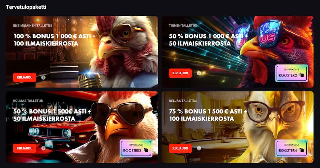Roosterbetin neliosainen tervetuliaisbonus luinastetaan neljällä erillisellä talletuksella.
