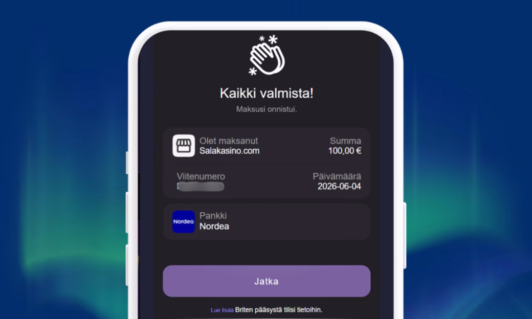 Salakasino rahansiirrot Briten välityksellä verkkopankkitunnuksin.
