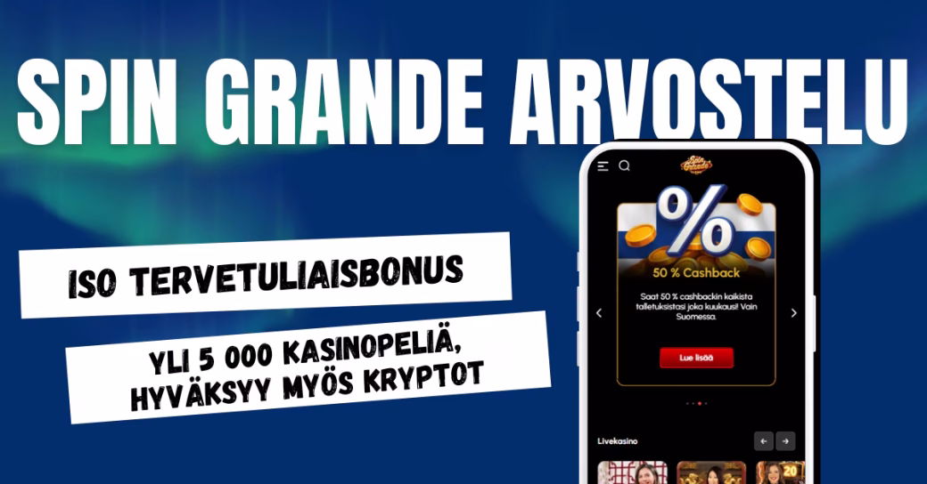 Spin Grande Casino tarjoaa ison tervetuliaisbonuksen, hyvän valikoiman kasinopelejä ja rahansiirrot onnistuvat myös kryptoilla.
