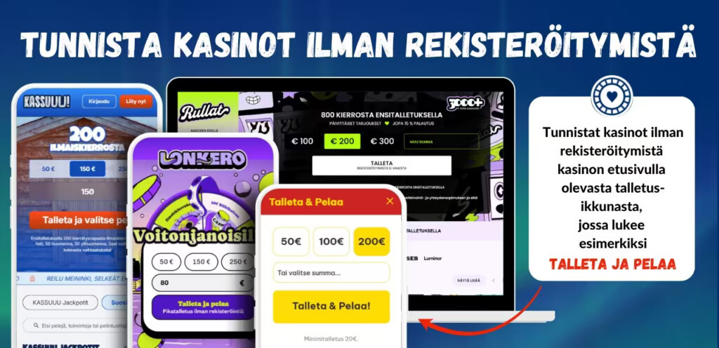 Tunnista nettikasino ilman rekisteröitymistä Talleta ja pelaa -ikkunasta
