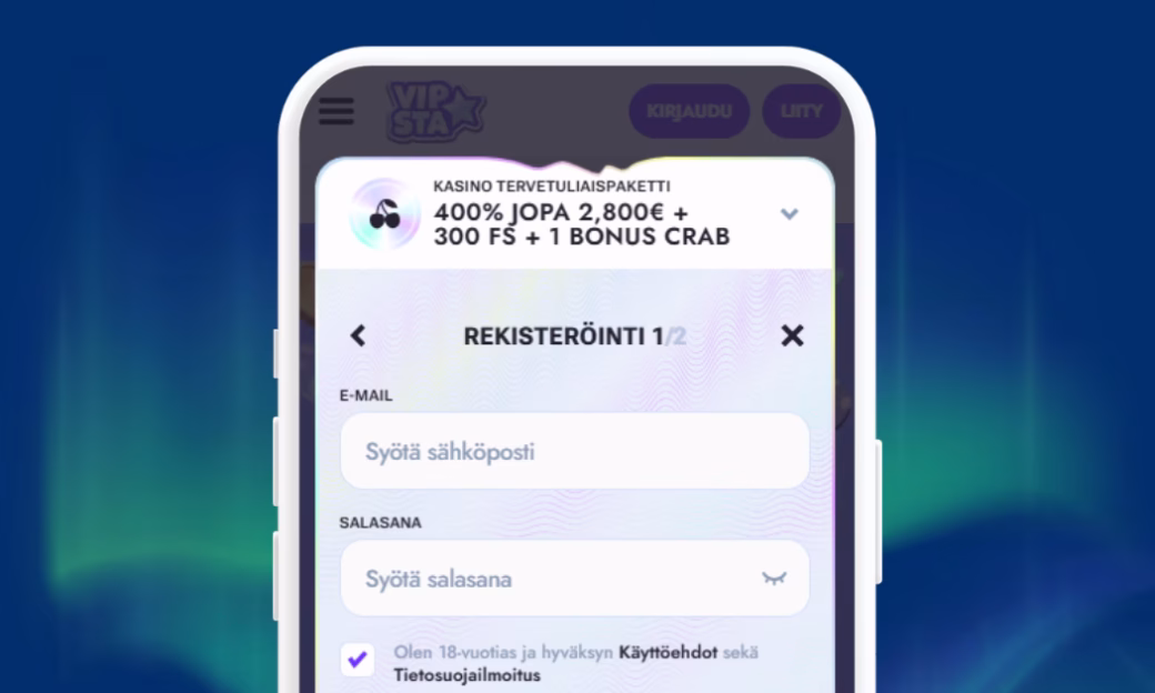 Vipsta Casinolle rekisteröidään pelitili perinteiseen malliin.
